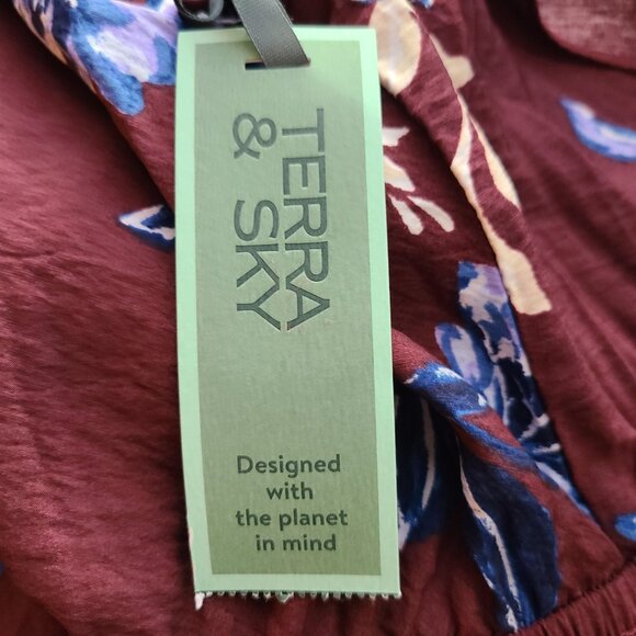 Terra & Sky Women's Plus Flutter Sleeve Midi Tiered Dress Maroon Floral Size 3X - Picture 13 of 15